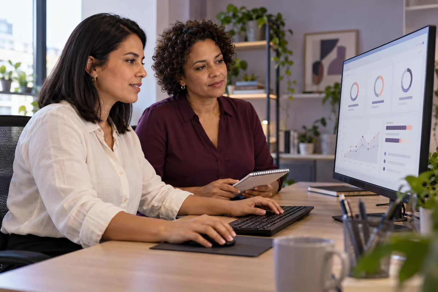 Cena ilustrativa: profissionais analisando gráficos e indicadores de evolução em um monitor